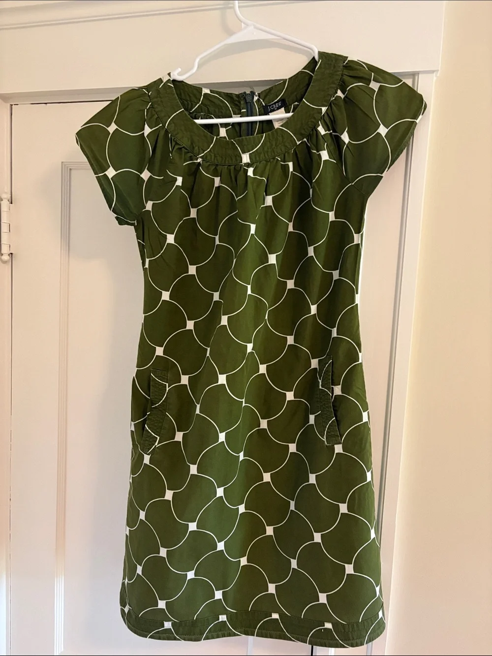 J. Crew Olive Green Short-Sleeve Mini Dress with White Geometric Print